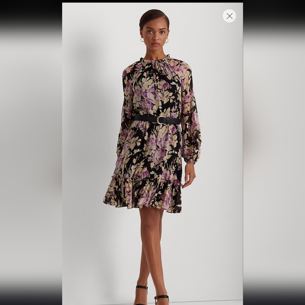Ralph Lauren Black Label Floral‎ Crinkle Georgette Dress, Size 14